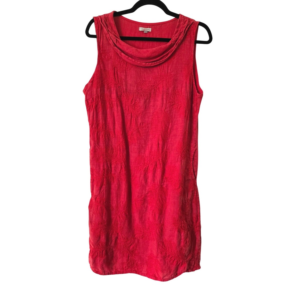 Lina Tomei Womens L Shift Dress Red Linen Embroidered Made in Italy Draped Neck